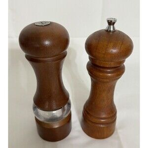 Vintage Set of Mr. Dudley Solid Wood Pepper Grinder Mill and Salt Shaker 7" Tall
